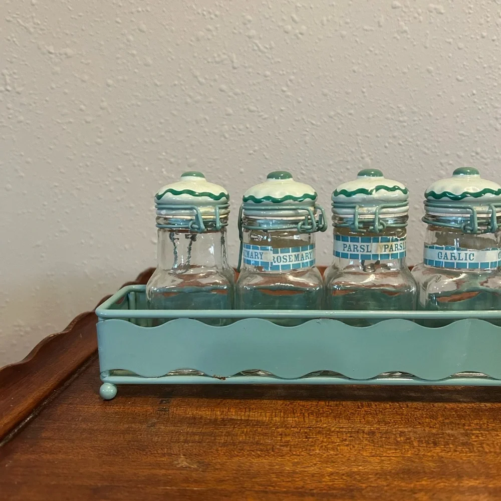 Vintage Aqua Ceramic-Top Spice Jar Set with Carrier